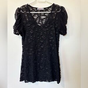 Black Textured Lace V-Neck Women's Top